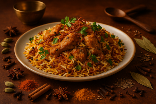 BIryani in 1000x1000 dimension spices spread with a beautiful background