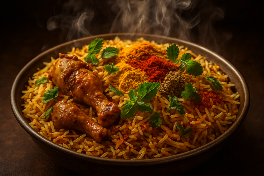 chicken biryani hot and smokey with some spices spread from top in the square dimension