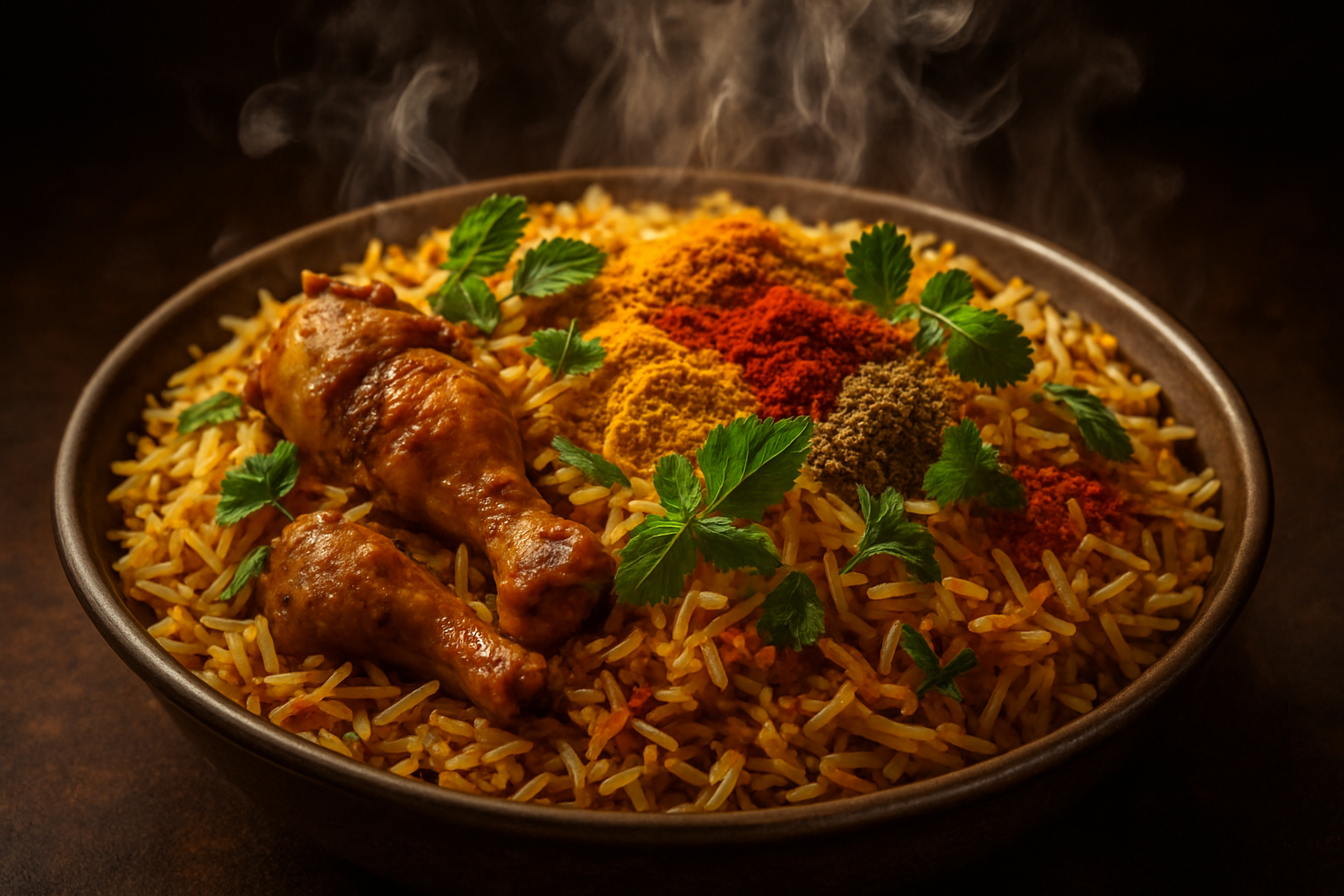 chicken biryani hot and smokey with some spices spread from top in the square dimension