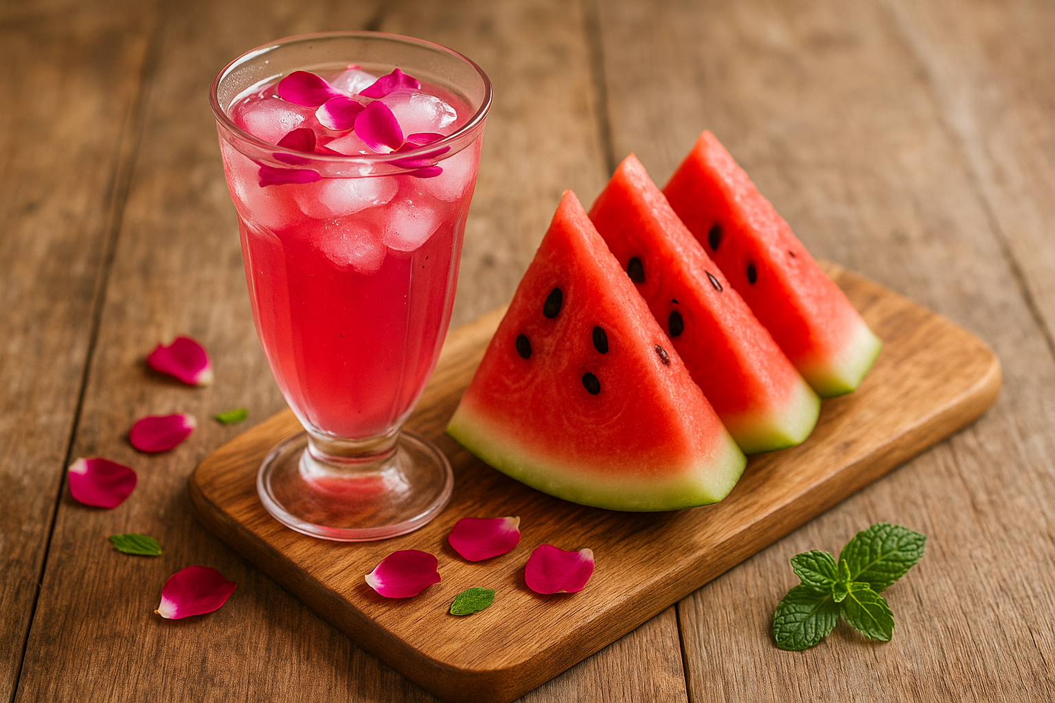 create an image of rose sharbat with sliced watermelon 
