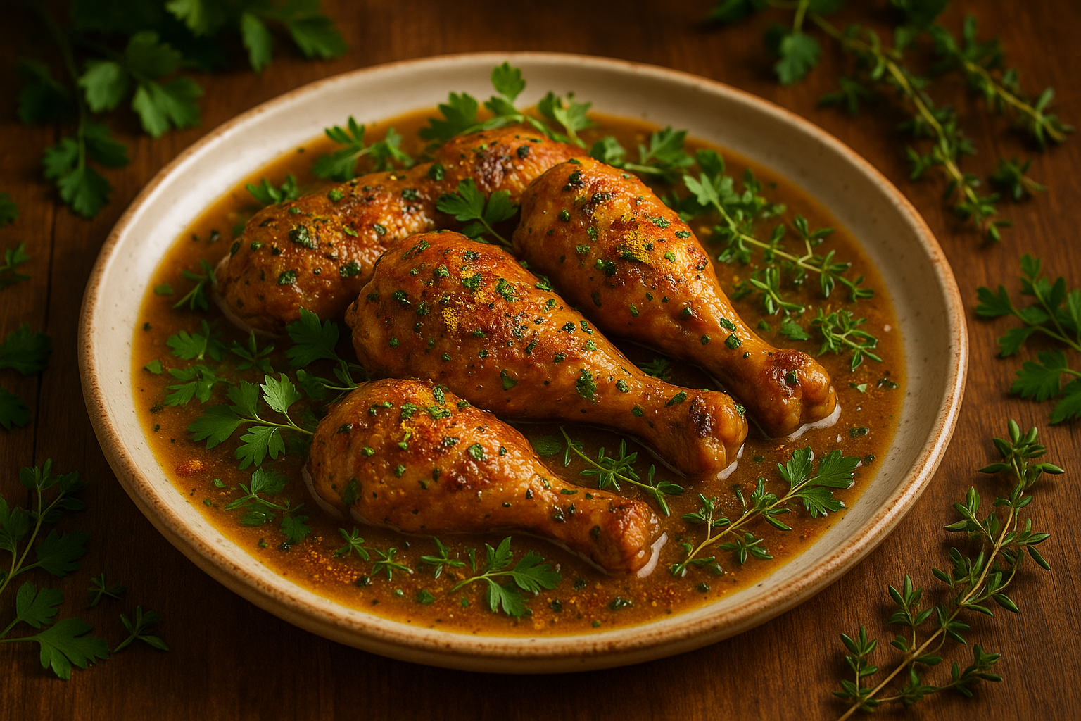 gravy chicken with some herbs and spices on the table in 1000x1000 dimension